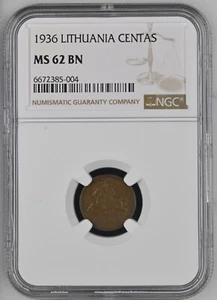 Lithuania 1 Centas 1936 NGC MS 62 BN - Picture 1 of 2