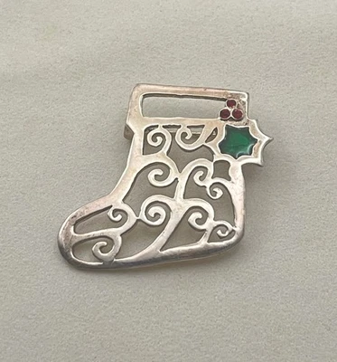 Broche prendedor vintage de plata de ley 925 con pergamino navideño Foto 1 de 4