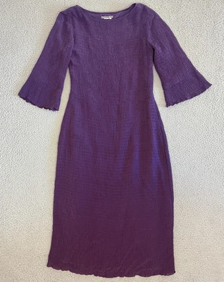 Vestido Isabella Bird para mujer 6P púrpura seda arrugado midi manga campana texturizado Foto 1 de 4