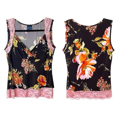 j.t.b. Women’s Floral And Lace Trim Tank Top Brown Pink Large Y2K Boho Party - Image 1 of 4