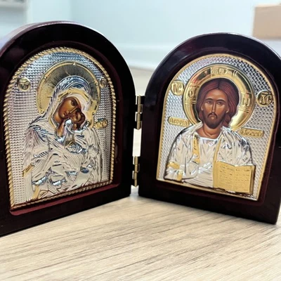 Díptico Madera Icono Cristo El Maestro Theotokos Bizantino Ortodoxo Católico Icono Foto 1 de 4