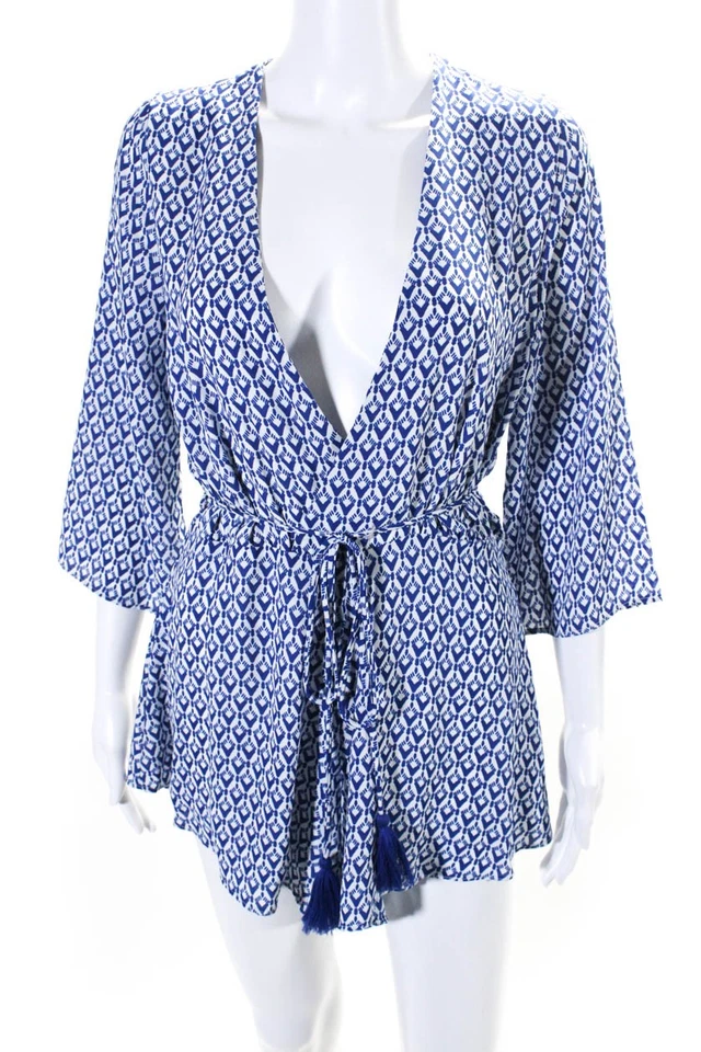 Vestido Romper Olivaceous Feminino Azul Branco Estampado Decote V Manga Longa Tamanho M - Imagem 1 de 4