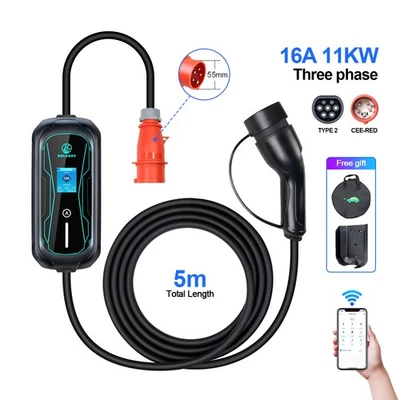 11kW Mobile Wallbox EV caricabatterie tipo 2 cavo di ricarica 5 poli 6-16A spina CEE 5M - Immagine 1 di 4