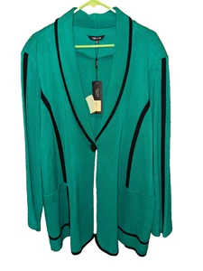 Neu mit Etikett Misook türkis tailliert Strick Einknopf Jacke Blazer schwarzer Besatz Damen Plus 3X - Bild 1 von 7