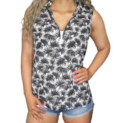 Camisa Michael Kors Mujer Mediana Negra Blanca Tropical Hoja de Palma Hawaiana Elegante Foto 1 de 4