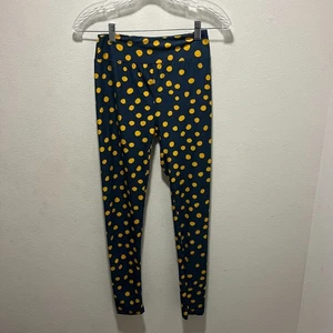 OS LuLaRoe One Size Leggings Cute Yellow Polka Dots Dark Navy Blue - Picture 1 of 6
