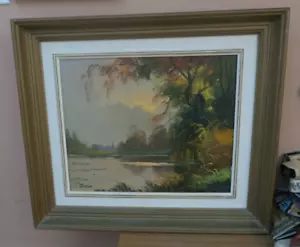 Vintage Original Signed Oil Canvas Painting Lakeside Landscape Framed 15" x 18" - Picture 1 of 8