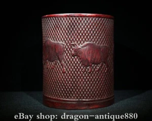 6.4" Old Chinese bamboo Carved Dynasty Fengshui Bull Oxen Brush Pot Pencil Vase - Picture 1 of 9
