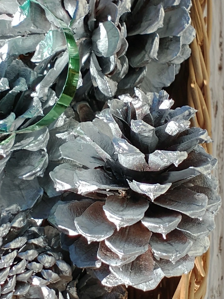 Piñas 15 reales, pintadas a mano, piñas, plata metálica Foto 1 de 4