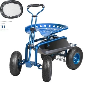 Rolling Garden Cart with Seat and Wheels Extendable Steer Handle Blue - Picture 1 of 9