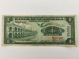 Guatemala 1955 Circulated One 1 Un Quetzal Rare Banknote Bill