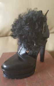 ETRO New AUTHENTIC Made ITALY Black Leather w/Fur+Zipper Heels Sz.38 NWT $ 1,495 - Picture 1 of 12
