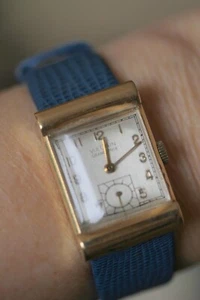 14 Kt Gold VulCain Grand Prix Art Deco Watch 17 Jewels Genuine Leather Blue Band - Picture 1 of 7