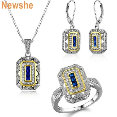 Vintage Jewelry Set Lab-created Blue Sapphire Ring Pendant Earrings Gift for Her - Image 1 of 4