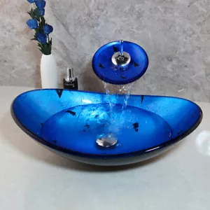 FA Vasca Bagno Ovale Vetro Temperato Lavabo Lavabo Blu Vanità Hotel Lavabo - Foto 1 di 9