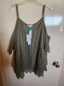 Skies Are Blue Curvy Langlock Cold Shoulder Swiss Dots Boho Chic Lace Green 3X - Imagen 1 de 9