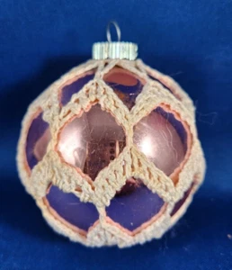Vintage Crochet Covered Christmas Ball Ornament Pink Blown Glass Handmade 1950 - Picture 1 of 3