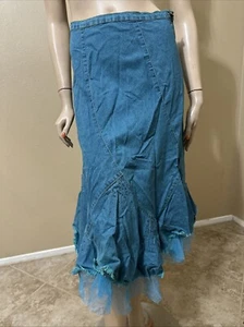 Women’s Turquoise Denim Cotton Boho Beaded Zipper Size M(6-8) maxi Skirt 3119 - Picture 1 of 22
