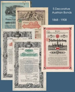 Austria 5 obligacji dekoracyjnych i hipotecznych 1868 - 1908 - obligacje zagraniczne - Zdjęcie 1 z 8