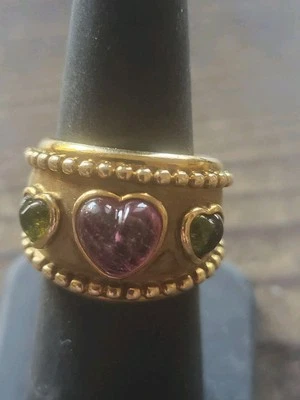 Etruscan Revival 14k Yellow Gold & Pink Stone Peridot Ring Puffy Heart OOAK Rare - Image 1 of 4