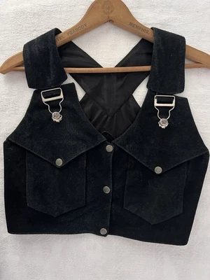 Vintage 90’s Y2K Black Suede Leather Bustier Top MONA MODE Cropped Buckles S - Photo 1/4