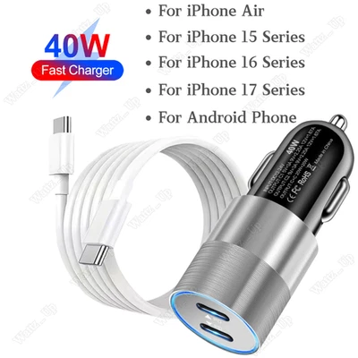 Adaptador Cargador Coche Rápido 40W Doble Tipo C Cable Para iPhone Air 17 16 15 Samsung Foto 1 de 4