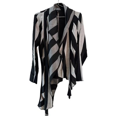 NOR DENMARK Linen Blend Asymmetrical Striped Blazer Jacket • 0 • black, gray - Image 1 of 4