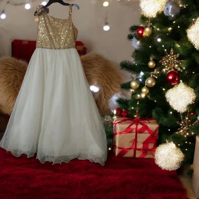 Vestido assimétrico de lantejoulas glitter branco dourado edições raras Natal tamanho 16 - Imagem 1 de 3