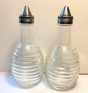 Vintage Diner Style Clear Ribbed Glass & Metal Oil & Vinegar Dispensers 5.75'' - Picture 1 of 3