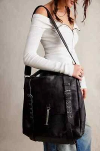 We the Free People Black Leather Barton Messenger Bag Large Tote Oversized NWT - Picture 1 of 22