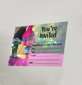 TROLL THEME BIRTHDAY PARTY INVITATIONS PINK INVITES CHILDREN GIRLS KIDS - Picture 1 of 4
