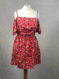 H&M Off The Shoulder Dress Red Floral EU 36 UK 8 TD017 LL 17 - Picture 1 of 3