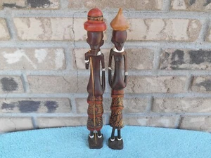 VINTAGE SET AFRICAN MAN & WOMAN FOLK ART EBONY WOOD CARVED STATUES HAND PAINTED - Picture 1 of 23
