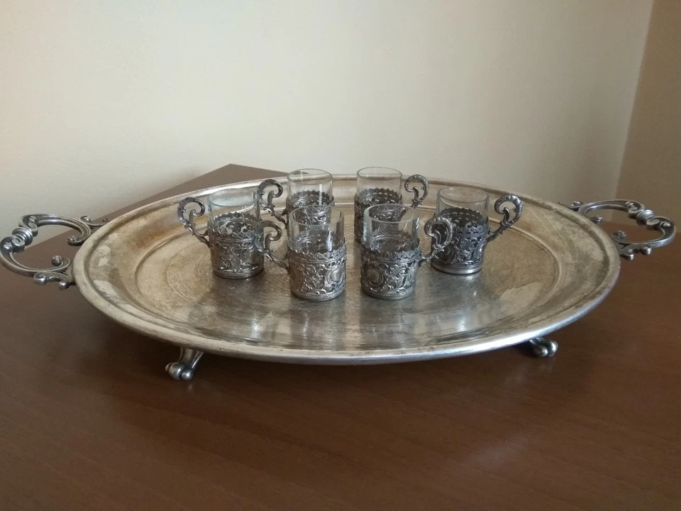 Antiguo juego WMF alemán Art Nouveau 6 piezas. Portavasos y bandeja de vidrio plateado Foto 1 de 4