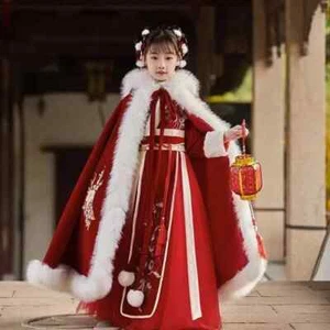 Winter Hanfu Cloak Dress Girls Children Chinese New Year Costume Red Cape Dress - Picture 1 of 23