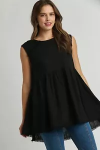 Umgee Linen Raw Hem Sleeveless Round Neck Peplum Tunic Tank Top in Black NWT - Picture 1 of 4