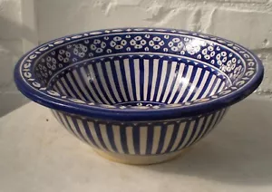 HAND PAINTED CERAMIC HAND WASH BASIN * FES POTTERY 30 cm Blue & White - Picture 1 of 6