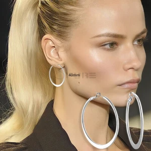 Leverback Hoop Earrings Big 40mm Semi Flat Circle Silver Plated Stainless Steel - Picture 1 of 8