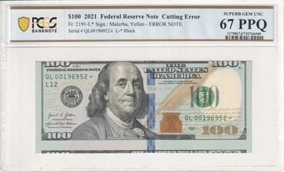 $100 2021 Cutting Error - Star Note, Replacement Note PCGS 67 PPQ SUPERB GEM UNC - Image 1 of 3