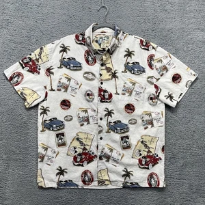 Big Dogs Hawaiian Shirt Mens Large Cream Aloha Old Cars Palm Print Linen Cotton - Picture 1 of 13