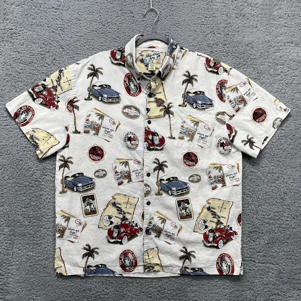 Big Dogs Hawaiian Shirt Mens Large Cream Aloha Old Cars Palm Print Linen Cotton - Image 1 of 4
