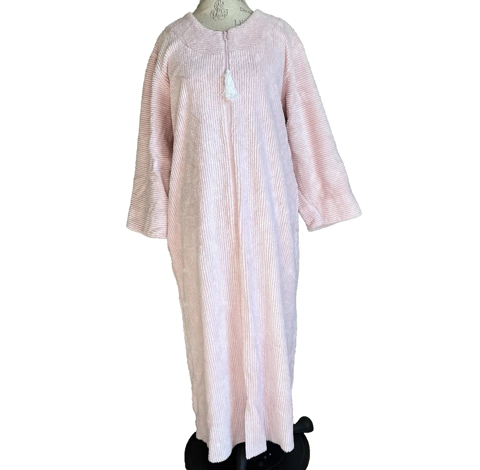女士淡粉色雪尼尔长拉链长袍 XL 舒适小屋波西米亚奶奶 — 第 1/4 张图片