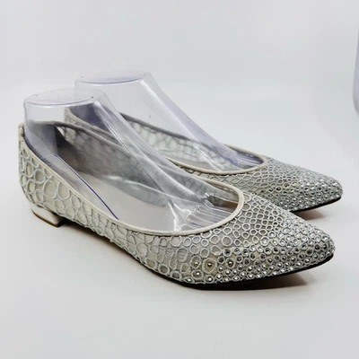 Stuart Weitzman Flats With Sparkling Diamond Jewels Womens 8M Silver Pointed Toe - Image 1 of 4