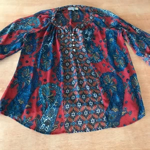 Fig & Flower Top Women XL Blue Paisley 1/4 Button Up Short Sleeve Peasant Hippie - Picture 1 of 13