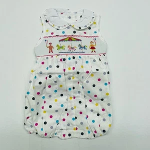 MOM & ME Girls Carousel Smocked Bubble Romper Polka Dot Snap Bottom Bow Back - Picture 1 of 9
