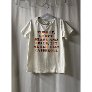 T-shirt bianca manica corta bianca grafica con slogan del Ringraziamento bambina 7/8 nuova senza etichette - Foto 1 di 3