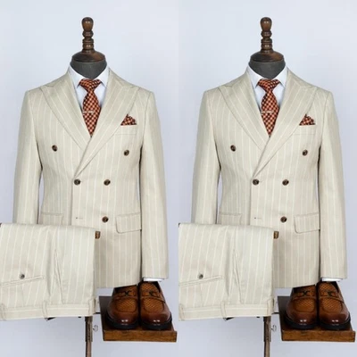 Trajes de hombre a rayas blancas solapa pico doble pecho boda novio esmoquin 2 piezas Foto 1 de 4