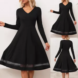 Damen V-Ausschnitt Langarm A-Linie Kleid Damen Freizeit Swing Kleider Abend Party - Bild 1 von 6