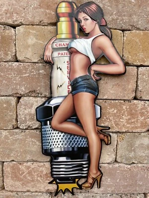 Blechschild Spark Plug Pin Up Girl USA 80cm Garage Deko Zündkerze V8 Gas Oil XXL - Bild 1 von 4