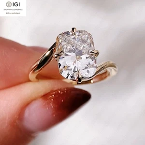 IGI F VS1 Cushion 2.93Ct Lab Grown Diamond Engagement Ring Solid 14K Yellow Gold - Picture 1 of 19